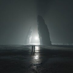 Silhouetted Figures at Mystical Rock Formation