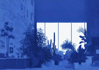 Contemporary Indoor Jungle with Cactus and Tropical Plants, Minimalist Design, Blue Toned, Bright Natural Light, Stylish Modern Living Space Inspiration