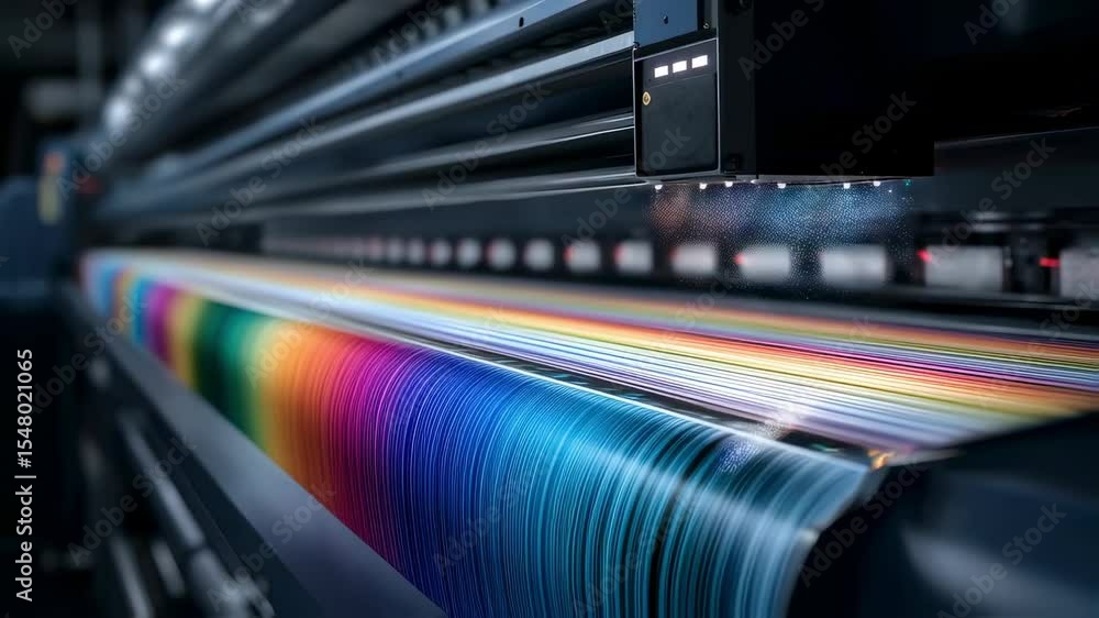 Poster wide format inkjet printer applying ink in different colors creating a colorful test print, demonstr