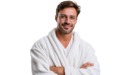 Relaxation and Well-being: A man with glasses, embraces serene relaxation in a soft bathrobe, embodying health and a fresh mood.