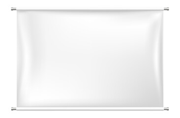 White rectangular banner hanging from a metallic border, creating a blank canvas for design or presentation purposes, isolated on a white background, providing a clean and professional look