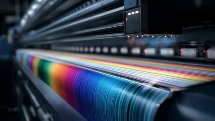 Wide format inkjet printer applying ink in different colors creating a colorful test print, demonstrating innovation in industrial printing technology