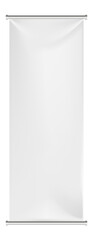 Realistic white fabric banner hanging from a metallic frame, perfect for showcasing your design or message in advertising and presentations, isolated on a white background