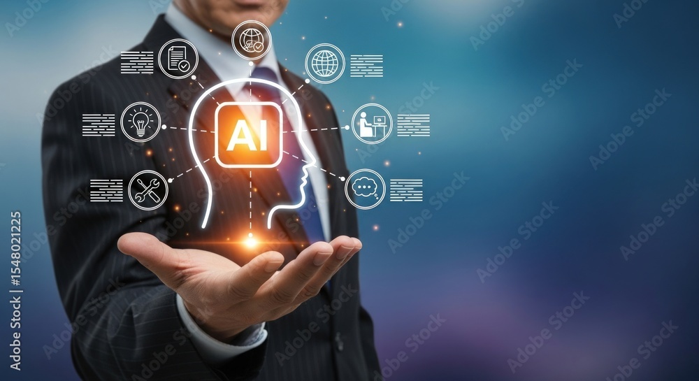 Aufkleber businessman presenting ai head with icons representing different functions on his hand open palm