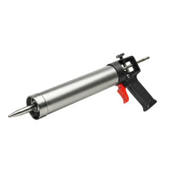 A new industrial-grade caulking gun, metallic barrel, black ergonomic handle, chrome rod, distinct red trigger, isolated on a transparent seamless background with no shadows, three-quarter view.