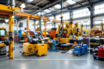 Fototapeta premium Heavy Equipment Warehouse: A comprehensive view of a vibrant heavy equipment warehouse showcases the grandeur of machinery and the bustling essence of industrial activity.