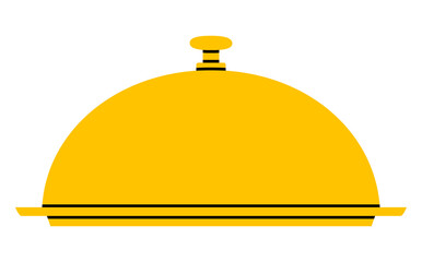 Hand drawn cute illustration of metal cloche and plate side view. Flat vector tray with cover doodle. Service or maintain icon. Surprise or secret concept. Food delivery service sticker. Isolated.
