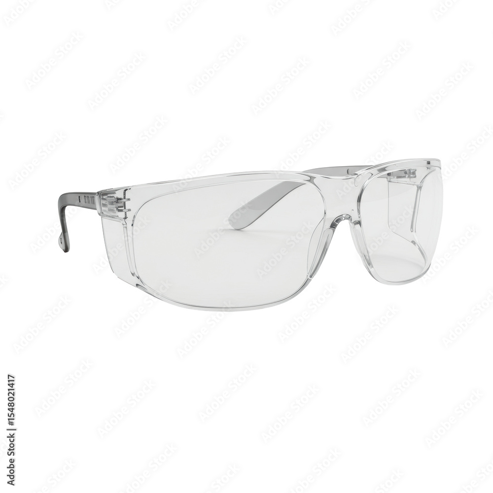 Poster safety spectacles featuring clear transparent lenses and integrated translucent side shields, robust