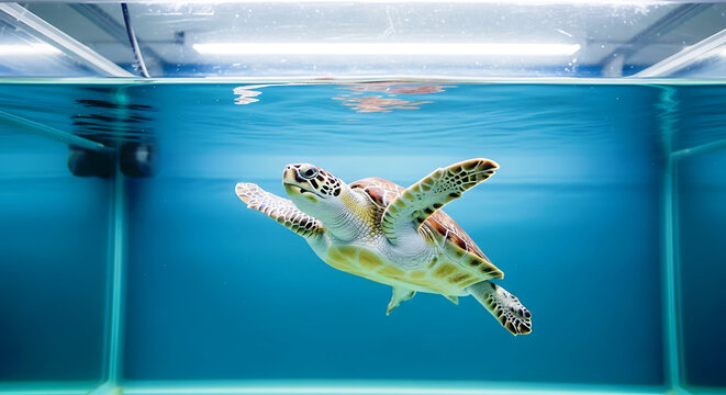 Sea turtle swims gracefully in a clear water tank, its flippers extended. Overhead lighting casts reflections on the surface. The turtle's patterned shell is visible, creating a serene scene
