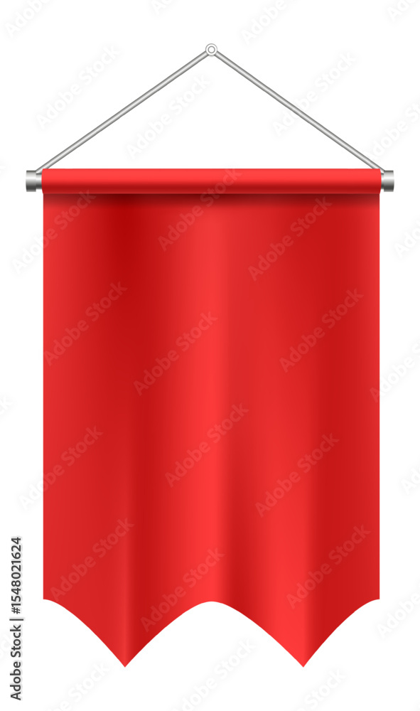 Aufkleber red rectangular pennant with a wavy bottom edge hanging on a metal crossbar fixed to a wall with scr