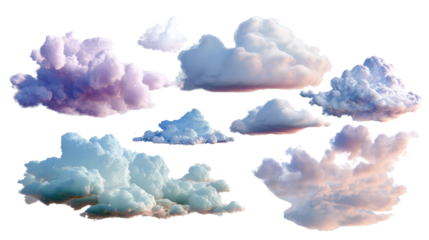 Cloud Collection: A series of ethereal, fluffy clouds, each with a unique shape and texture, are captured in a high-angle shot, invoking a sense of peace and wonder.