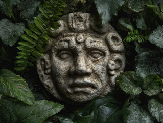 Fototapeta premium Mayan face circular stone relief in jungle.