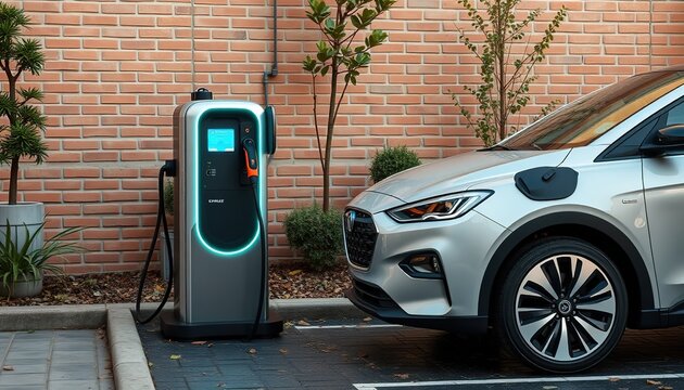 EV Power supply for electric car portable charging station near the house, home garage station, 32k Resolution
