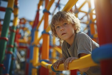 Fototapeta premium Blonde caucasian young boy playing on colorful playground climbing structure in sunlight