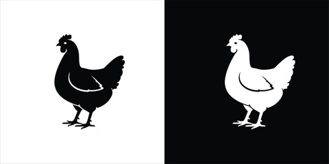Black and white chicken silhouettes isolated on white and black backgrounds