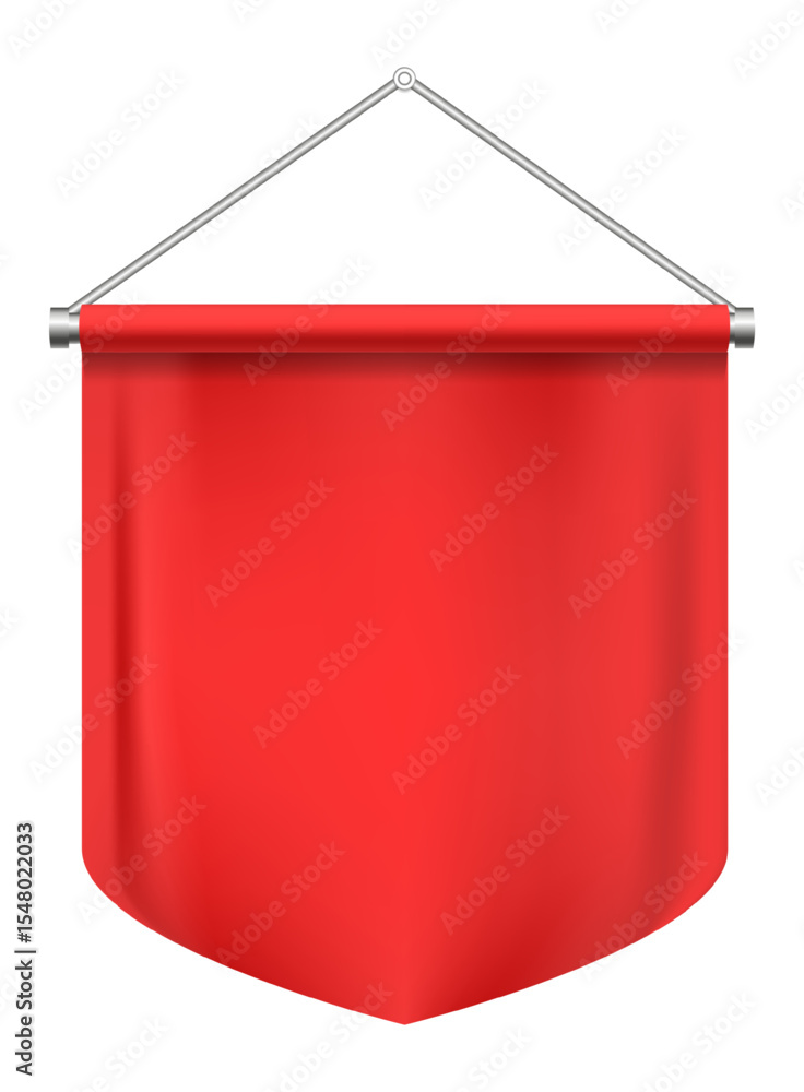 Poster red rectangular pennant with a pointed end hanging from a metallic support against a white backgroun