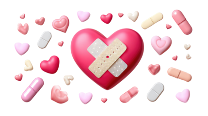 Healing Hearts: A tender composition features a central, patched heart surrounded by an array of smaller hearts, pills, and plasters, symbolizing love and recovery.
