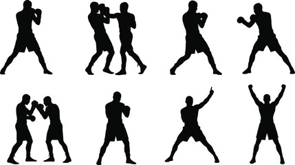 Boxing silhouette vector, boxer fighting stance, training punch action, boxing match duo, male athlete pose, boxing glove motion, victory pose illustration