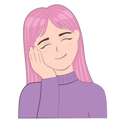 Portrait of a Cute Anime Girl with a Hand Touching Her Cheek. Pink-Haired Avatar for Poster, Cover, or Banner