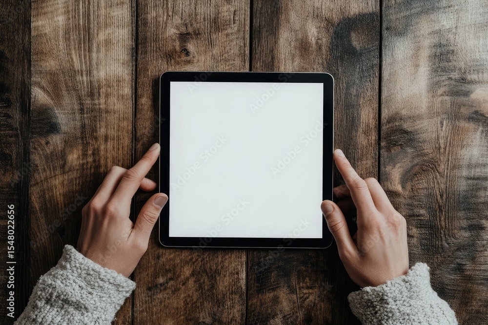 Aufkleber high quality image of hand use tablet on desk table top view copy space flat lay