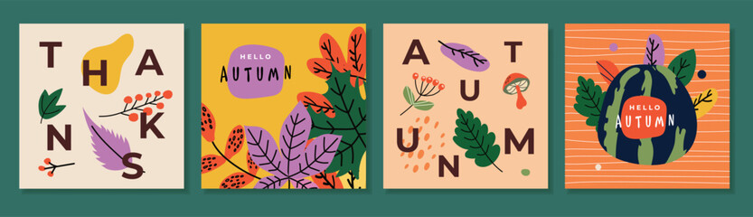 Set of bright art style abstract autumn greeting card, poster, cover, with bright leaves and pumpkin. Fall print, flyer design, web banner. Template for ads, social media and season decoration.