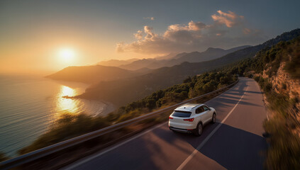 A white SUV drives dynamically on a winding coastal road at sunset, with a stunning ocean view, mountains, and sun-kissed sky, perfect for travel and adventure.