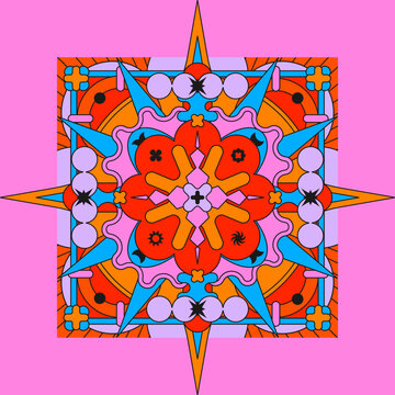 Psychedelic groovy background. Colorful psychedelic optical illusion. Trippy geometric image in the psychedelic style of the '80s - 90s vaporwave.