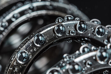 High-precision macro image of industrial ball bearings coated in grease, showcasing shiny metallic textures, reflective surfaces, and engineering accuracy. Ideal for industry and engineering-related 