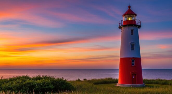 A red and white lighthouse stands tall against a vibrant sunset sky near the ocean horizon line