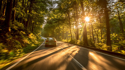 Obraz premium A green car speeds along a winding forest road with motion blur, bathed in the warm glow of sunset and surrounded by lush trees, perfect for adventure and nature themes.