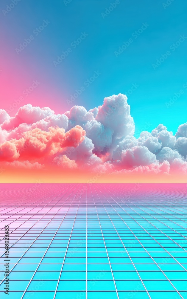 Poster an abstract scene featuring pastel sky gradients and high-altitude clouds over a flat glass grid, id