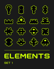 Rave futuristic shapes set. Surreal geometric shapes, abstract backgrounds and patterns, wireframe, cyberpunk elements. Vector elements and signs in trendy style.