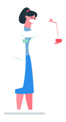 Medical professional performing laboratory analysis, holding a test tube containing a blood sample, wearing a face mask and lab coat, conducting scientific research in a medical setting