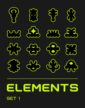 Rave futuristic shapes set. Surreal geometric shapes, abstract backgrounds and patterns, wireframe, cyberpunk elements. Vector elements and signs in trendy style.