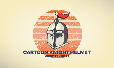 Vector vintage logo. Cartoon knight helmet. Toy medieval military armor. Simple emblem. Isolated background