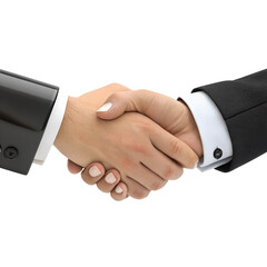 Close-up of two businessmen shaking hands, a deal sealed, agreement, partnership, success, collaboration, corporate, formal, black suits, isolated background.