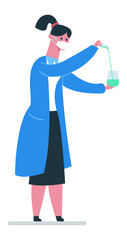 Female scientist wearing a protective mask and lab coat, pouring a vibrant green liquid into a beaker while conducting an intricate experiment in a modern laboratory setting