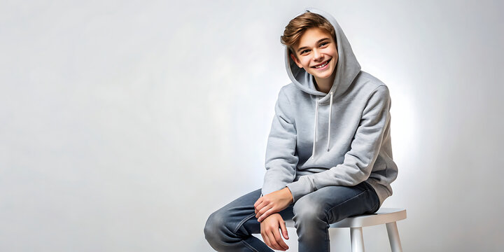 Smiling teenage boy in gray hoodie sits on white stool against light gray background