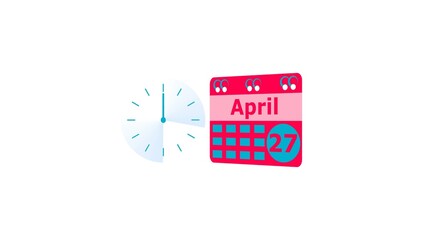 April month 27 date calendar icon  and  magenta red color clock iilustration. Digital calendar month concept design on White background.