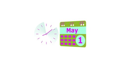 May month 1 date calendar icon  and  magenta color clock 4k illustration. Digital calendar month concept design on White background.