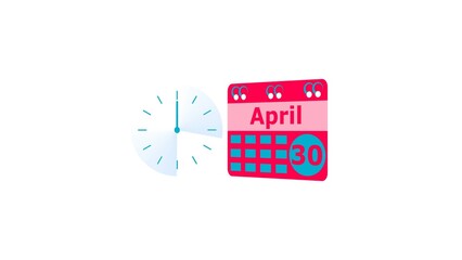 April month 30 date calendar icon  and  magenta red color clock iilustration. Digital calendar month concept design on White background.