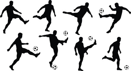 Soccer player kicking ball silhouette, male football athlete action pose, sports figure illustration, footballer motion vector, kicking posture template, sports dynamic movement art