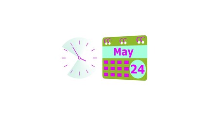 May month 24 date calendar icon  and  magenta color clock 4k illustration. Digital calendar month concept design on White background.