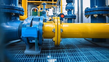 a bright yellow pipe equipped with blue handles in a complex industrial piping network for efficient fluid transportation