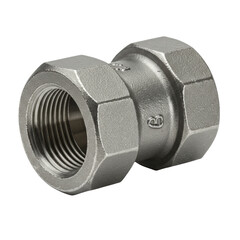 Meticulously detailed industrial pipe union with polished metallic construction and precise threading, isolated on a transparent studio background with no shadows, ultra photorealistic. Concept for