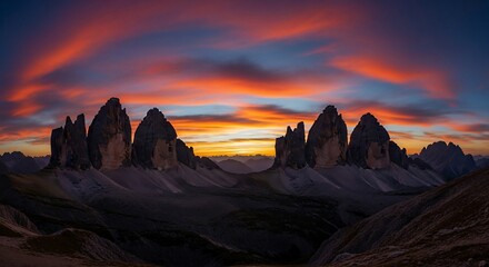 Fototapeta premium Dramatic Dolomites Peaks Silhouetted Against Fiery Sunset Sky Italy.