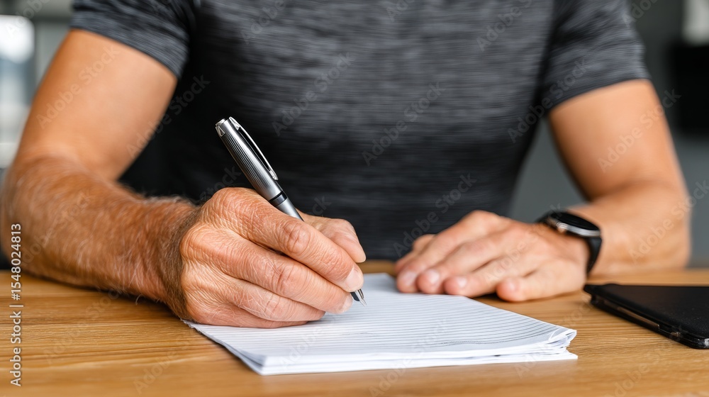 Aufkleber man writing on a notepad with a pen at a wooden desk in a professional setting