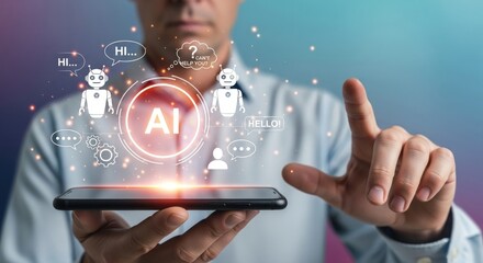 Man using ai on smartphone with robot avatars and chat bubbles against colorful background in studio