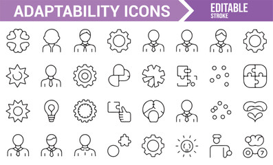 Set of Adaptability and Cognitive Skill Icons with Gears and Human Figures