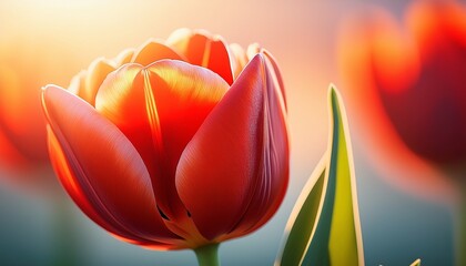fiery red tulip flower close up in backlight bright spring background